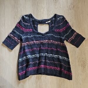 Free People Navy and Pink Striped V-Neck Sweater